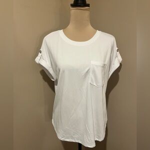 NWT Cable  & Gauge White Rolled Sleeve Button Tab Tee, Pocket & Rounded hem, Med